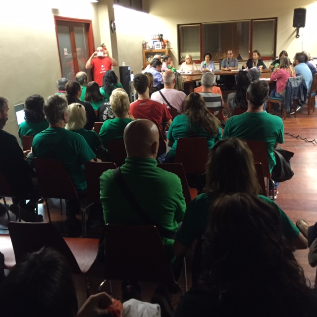 Molts membres de la PAH, vestits de verd, a la sala de plens aquest divendres 