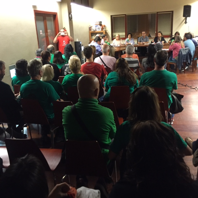 Molts membres de la PAH, vestits de verd, a la sala de plens aquest divendres