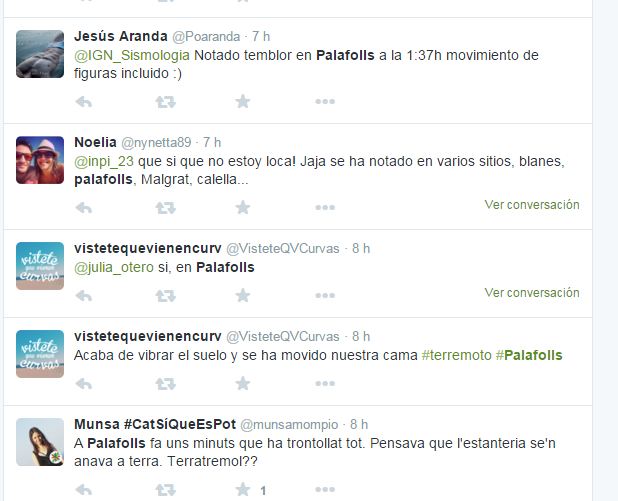 Usuaris de twitter de PLF alertant dels efectes del sisme d'aquesta matinada