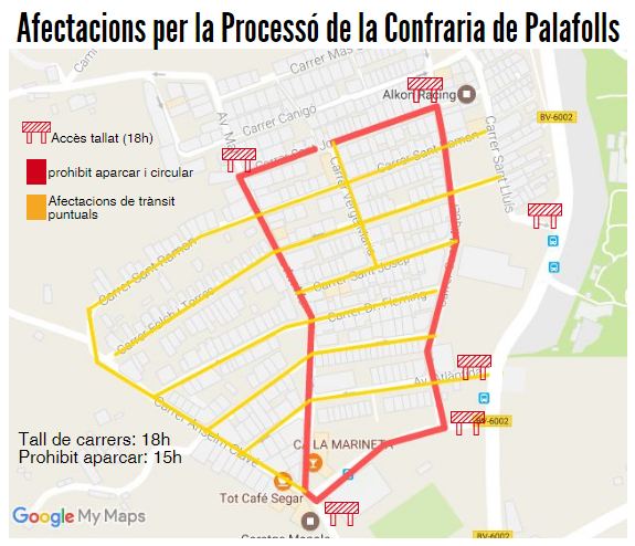 En vermell, el recorregut de la processó i els carrers tallats al trànsit. Aj. Palafolls