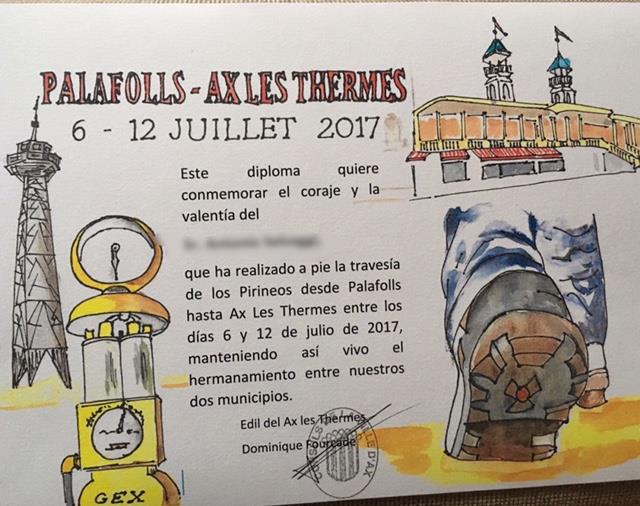 Diploma que va entregar Ax Les Thermes als excursionistes de Palafolls (Ajuntament de Palafolls)